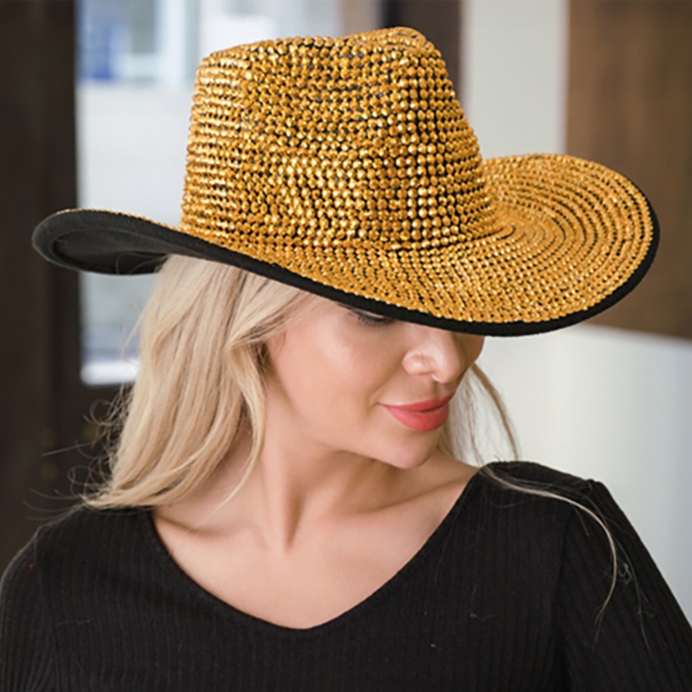 Silver or Gold Bling Studded Rhinestone Western Fedora Hat - Picture 2 of 2